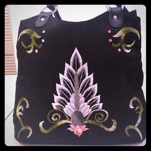 Embroidered Faux Suede Boho Handbag
